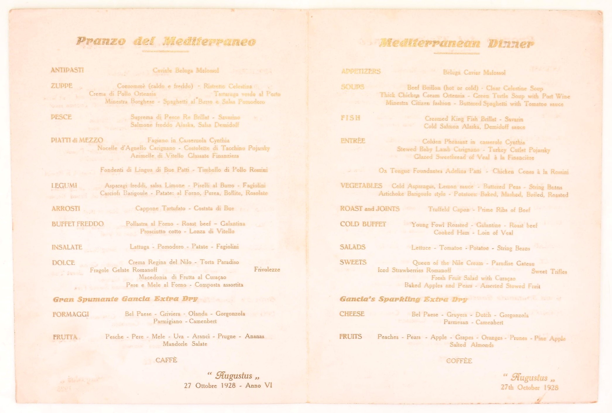 Navigazione Generale Italiana, Menù di bordo (ottobre 1928), tre carte editoriali