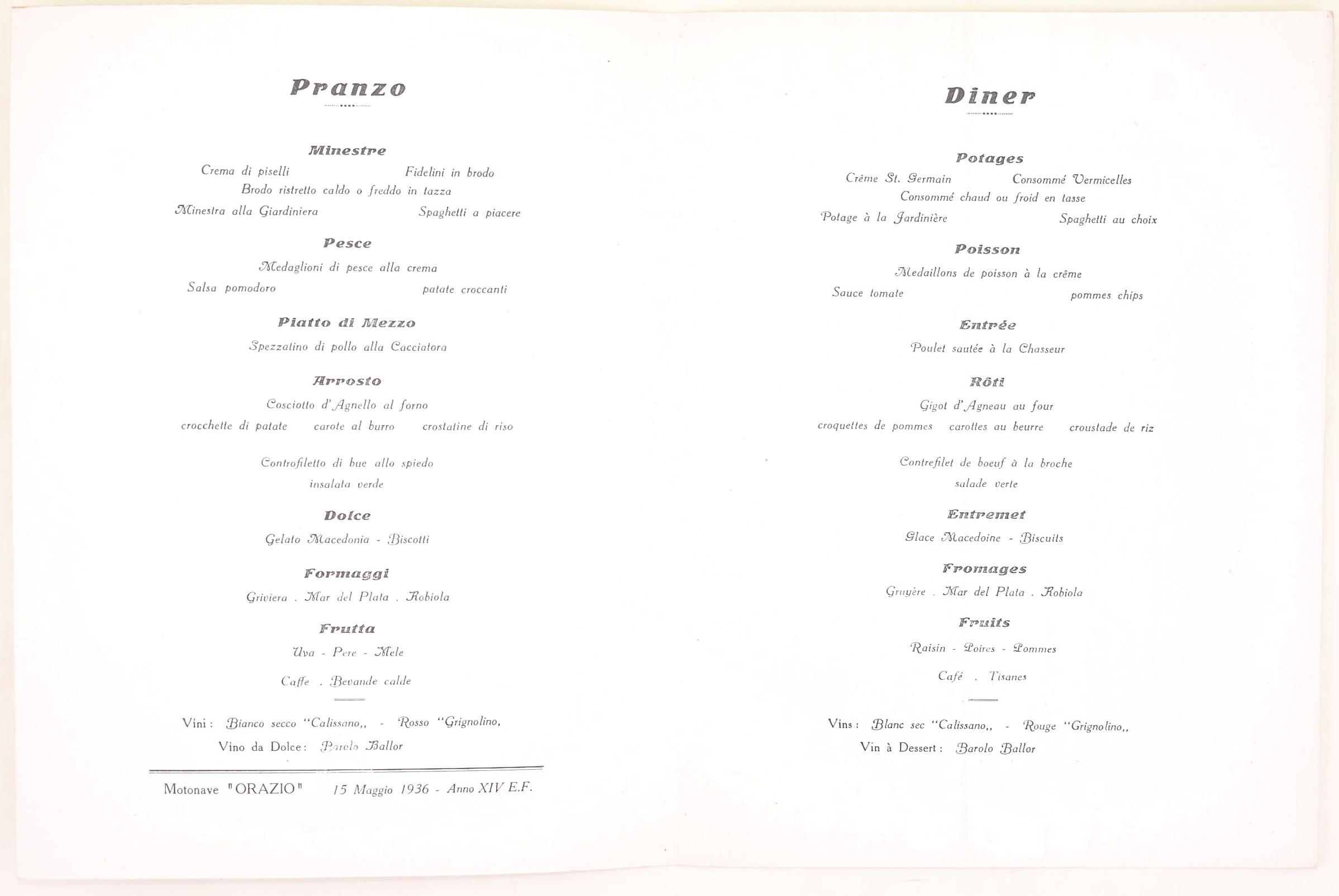 Italia Lines to All Continents, Menù di bordo della motonave “Orazio” (8 esemplari), 1936