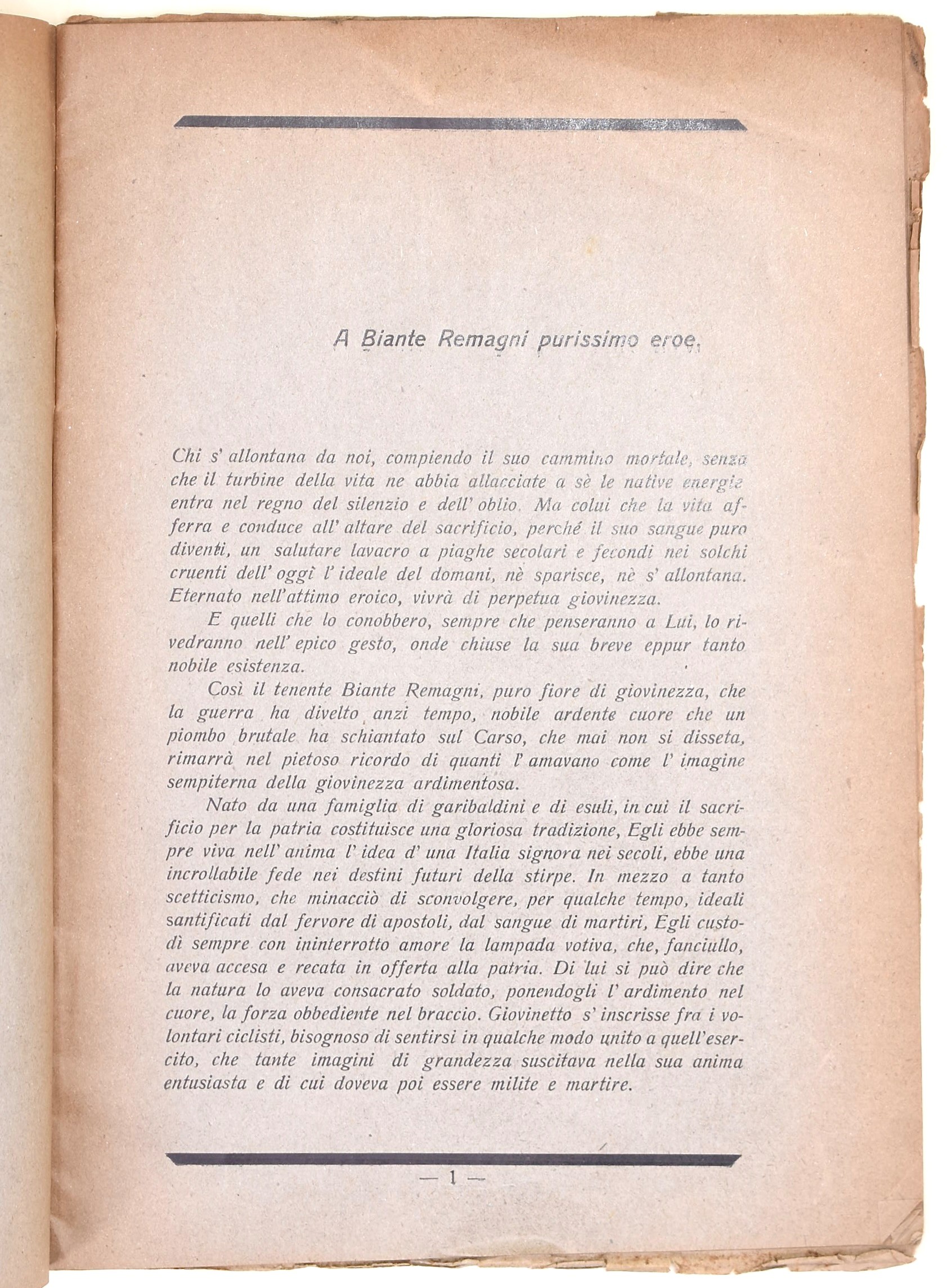 Biante Remagni, Opuscolo commemorativo patriottico della Grande Guerra, 1915 ca.