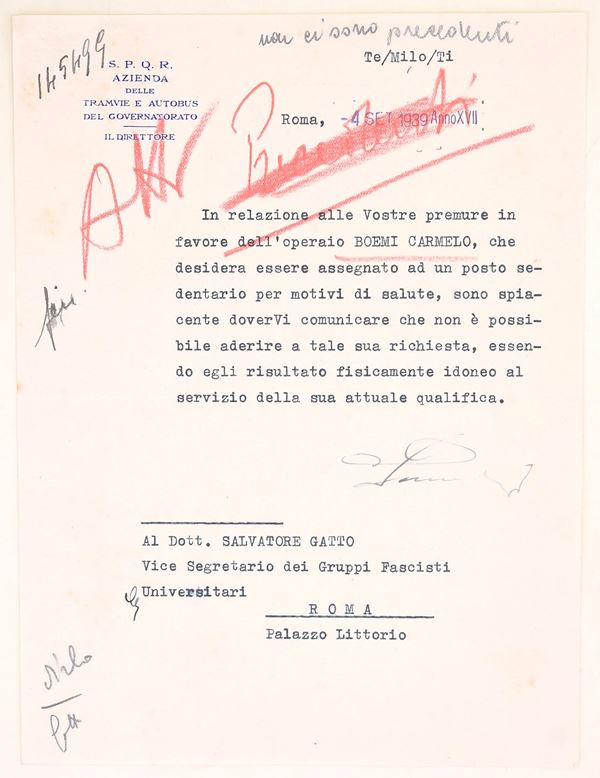 Lettera dell’Azienda Tramvie e Autobus del Governatorato a Salvatore Gatto, 1939  - Auction Time Auction - The Age of Propaganda: Posters, Flyers, Political Documents, and Archival Ephemera - Casa d'Aste Arcadia
