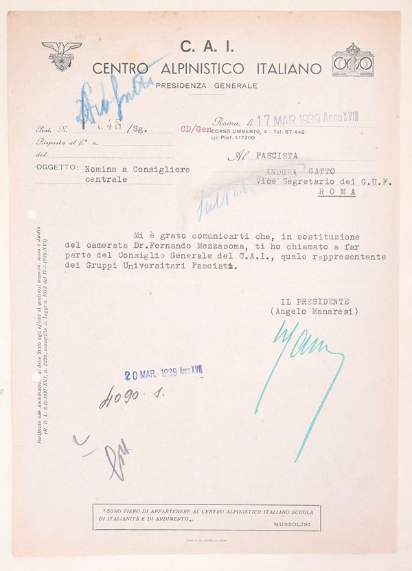 Lettera del Centro Alpinistico Italiano ad Andrea Gatto con firma di Angelo Manaresi, Roma, 1939