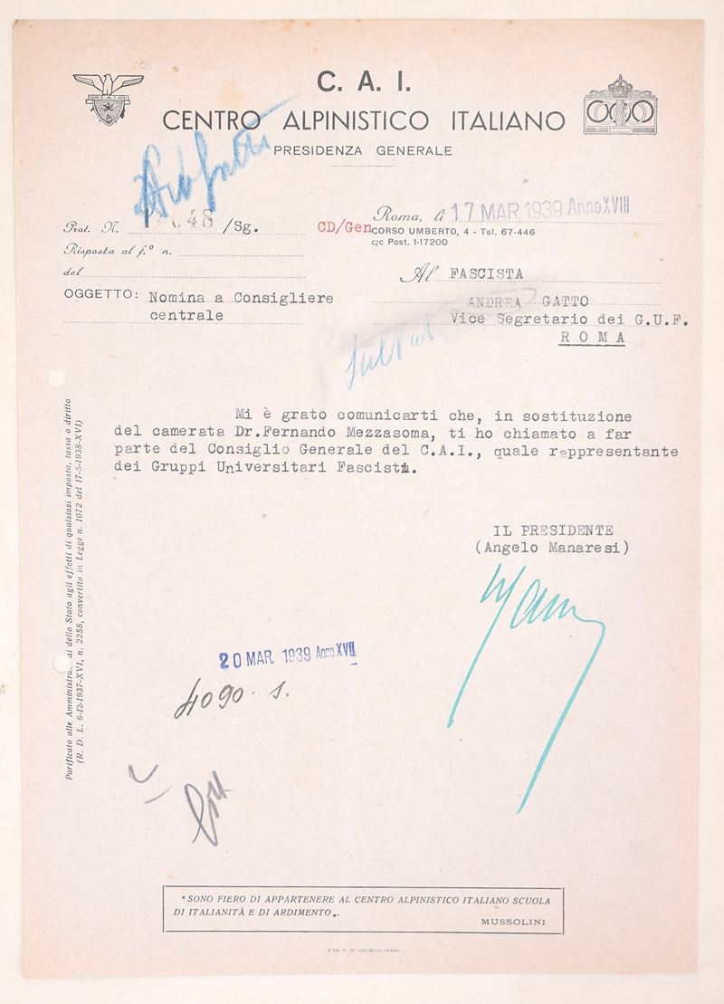 Centro Alpinistico Italiano (C.A.I.), Lettera di nomina ad Andrea Gatto (Roma, 17 marzo 1939)