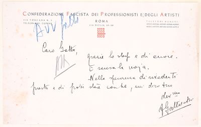 Lettera manoscritta, carta intestata della Confederazione Fascista dei Professionisti e degli Art...