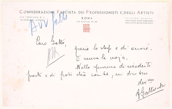 Lettera manoscritta su carta intestata della Confederazione Fascista dei Professionisti e degli Artisti indirizzata a Gatto