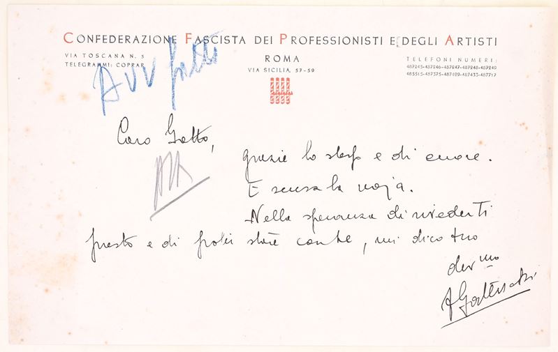 Lettera manoscritta, carta intestata della Confederazione Fascista dei Professionisti e degli Art...