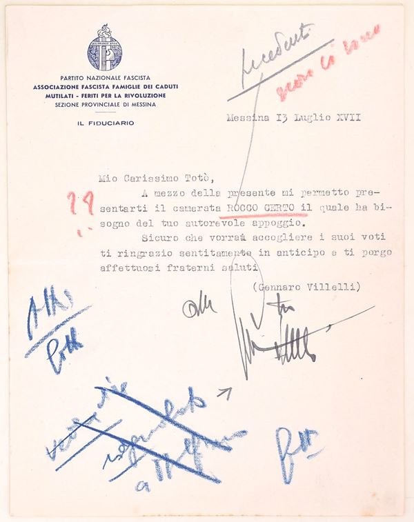 Lettera dattiloscritta su carta intestata del Partito Nazionale Fascista, firmata da Gennaro Villelli