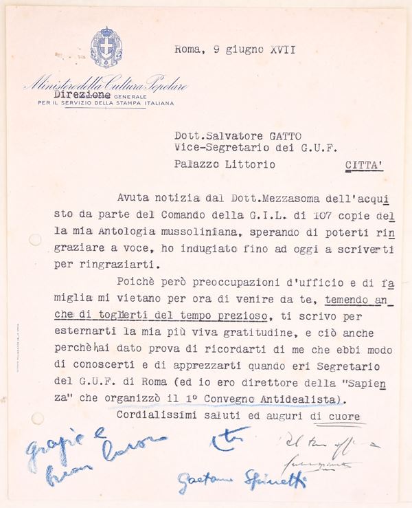 Lettera dattiloscritta su carta intestata del Ministero della Cultura Popolare, firmata da Gaetano Spinetti, XVII - 1939