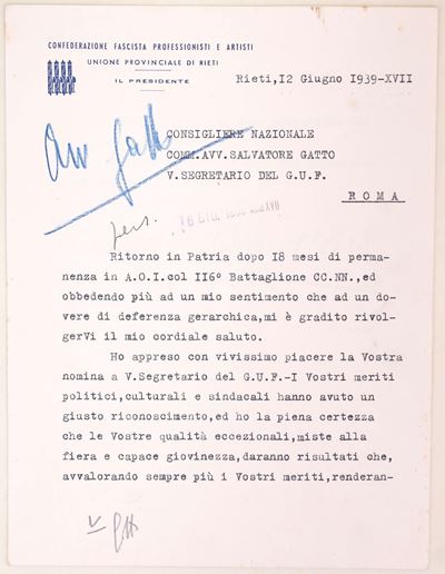 Lettera storica su carta intestata della Confederazione Fascista Professionisti e Artisti, Unione...