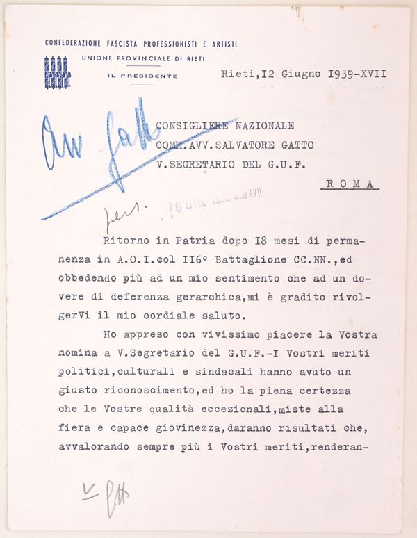 Lettera su carta intestata della Confederazione Fascista Professionisti e Artisti, Unione Provinciale di Rieti, a Salvatore Gatto, 1939-XVII  - Asta Asta a Tempo - Il Secolo della Propaganda: manifesti, volantini, documenti politici ed ephemera d'archivio - Casa d'Aste Arcadia
