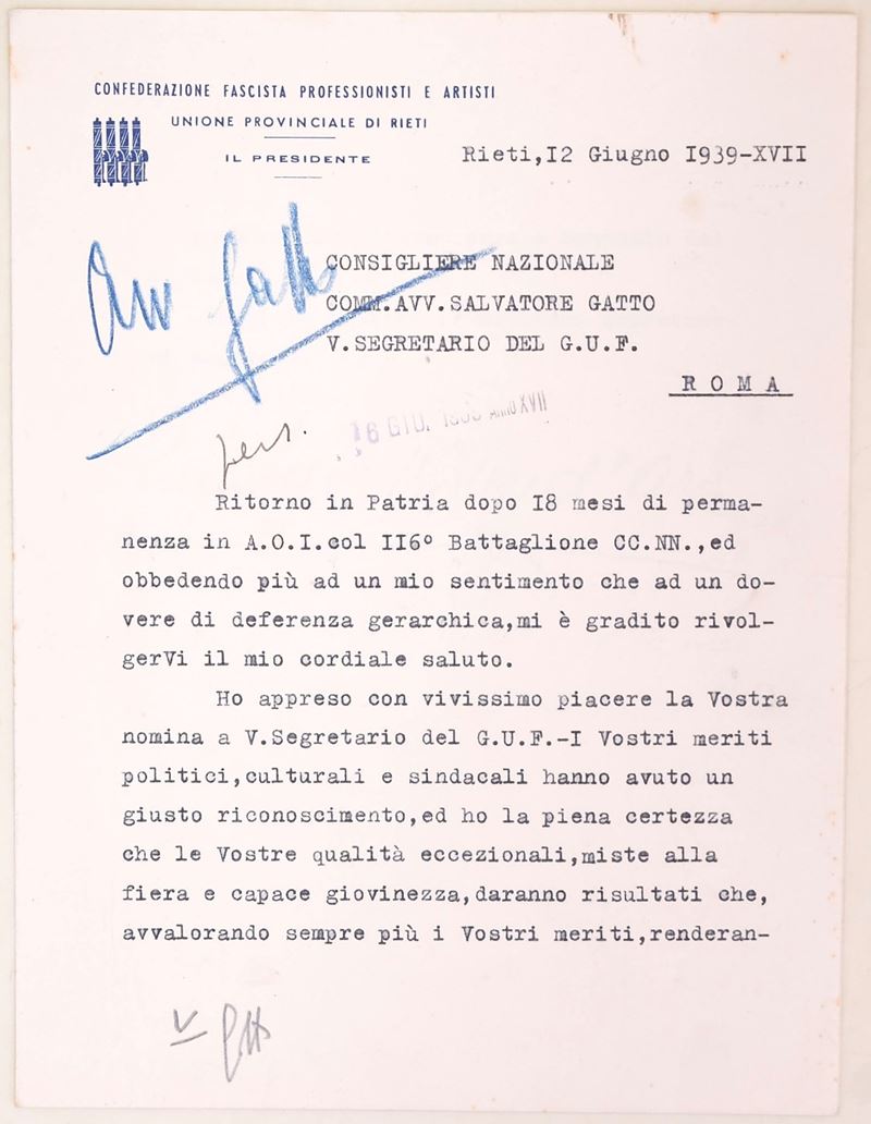 Lettera storica su carta intestata della Confederazione Fascista Professionisti e Artisti, Unione...
