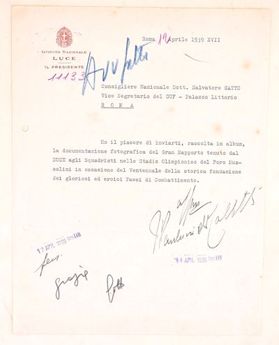 Istituto Nazionale Luce, Lettera con invio di documentazione fotografica (Roma, 12 aprile 1939-XV...