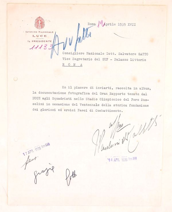Lettera dell’Istituto Nazionale Luce con firma manoscritta del Presidente, 1939-XVII