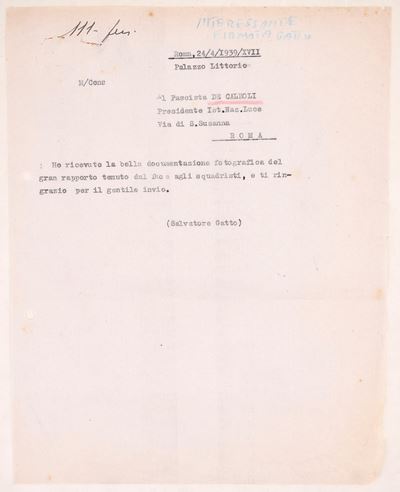 Salvatore Gatto, Lettera dattiloscritta a De Calboli (Roma, 24 aprile 1939-XVII)