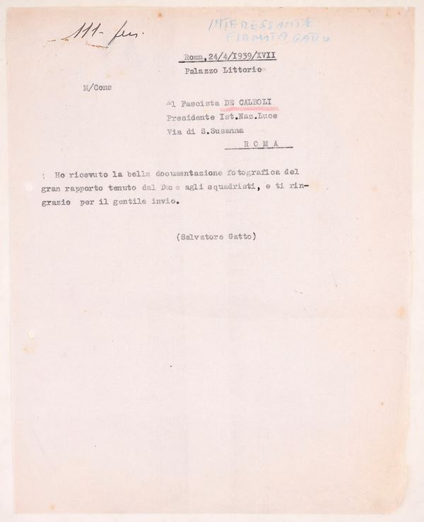 Lettera dattiloscritta di Salvatore Gatto a De Calboli, 1939-XVII