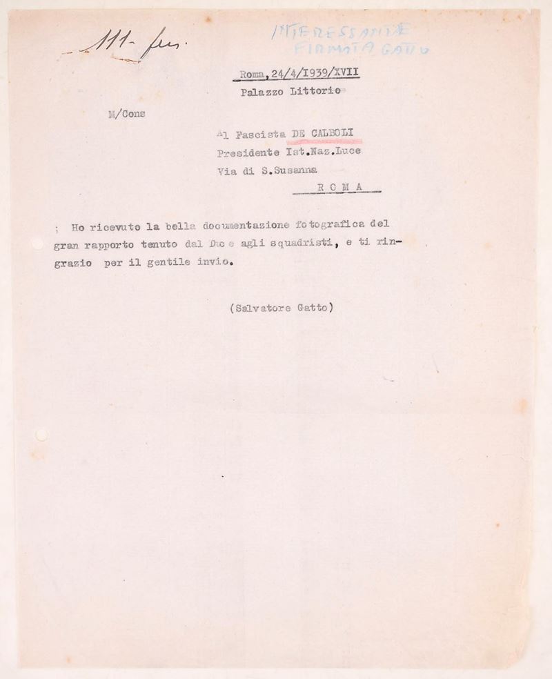 Salvatore Gatto, Lettera dattiloscritta a De Calboli (Roma, 24 aprile 1939-XVII)
