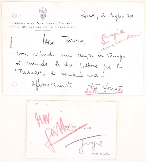 Biglietto autografo di Corrado Olivieri e lettera su carta intestata della Federazione Nazionale Fascista degli Industriali dello Spettacolo, 1938-XVI  - Asta Asta a Tempo - Il Secolo della Propaganda: manifesti, volantini, documenti politici ed ephemera d'archivio - Casa d'Aste Arcadia