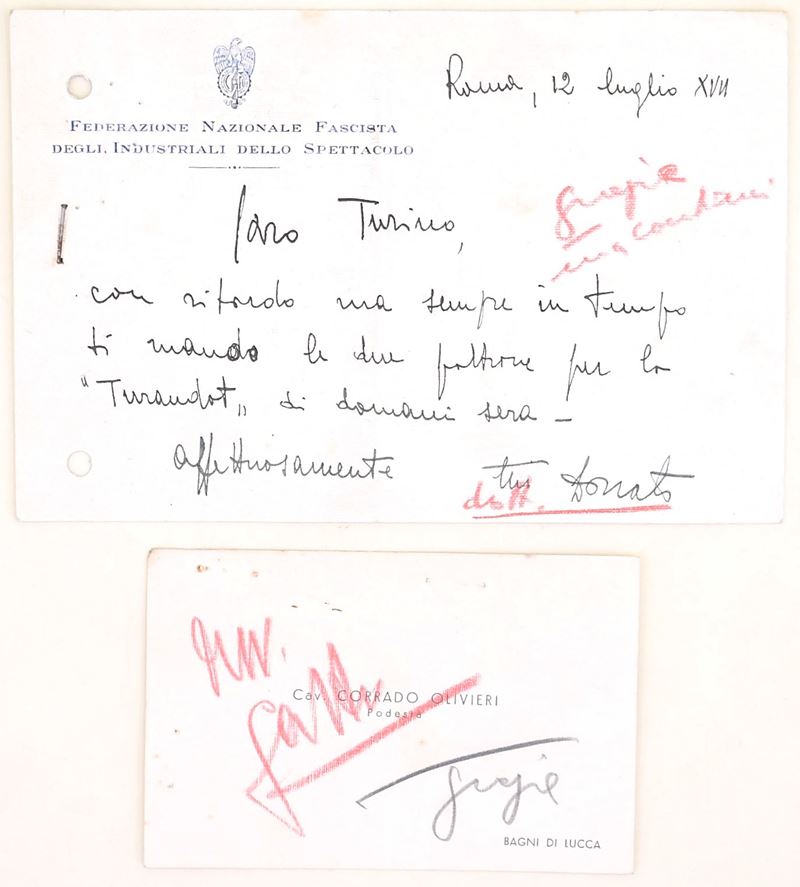 Corrado Olivieri, Biglietto autografo e lettera su carta intestata della Federazione Nazionale Fa...