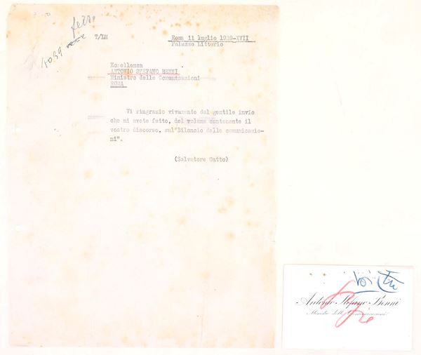 Biglietto da visita di Antonio Stefano Benni e lettera dattiloscritta di Salvatore Gatto al Ministro delle Comunicazioni, 1939-XVII