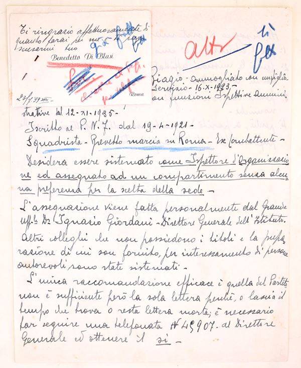 Biglietto manoscritto di Benedetto Di Blasi con nota biografica e richiesta di internamento nel P.N.F., 1939