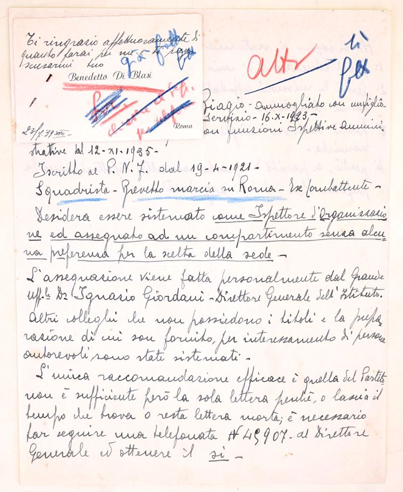Benedetto Di Blasi, Biglietto manoscritto con appunto biografico e richiesta di internamento nel ...