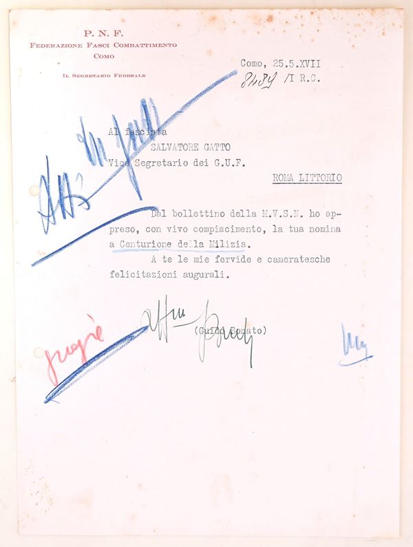 Lettera dattiloscritta su carta intestata P.N.F. a Salvatore Gatto, firmata da Guido Bonato, 1939