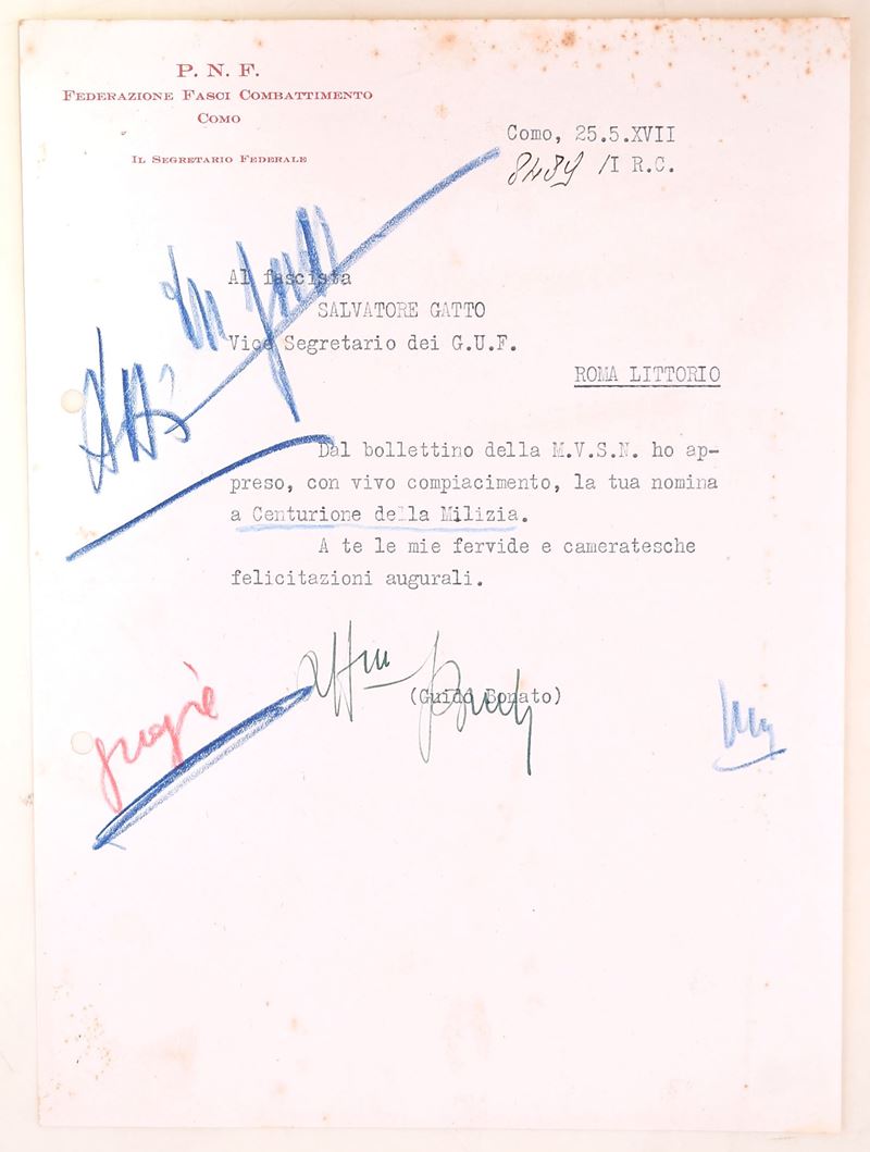 Guido Bonato, Lettera dattiloscritta su carta intestata P.N.F. indirizzata a Salvatore Gatto (Com...