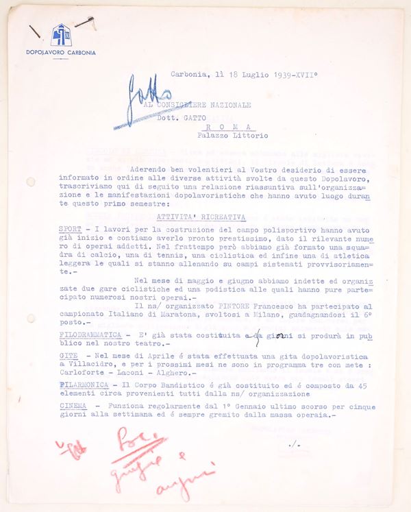 Relazione del Dopolavoro Carbonia a Salvatore Gatto, firmata dal presidente, 1939