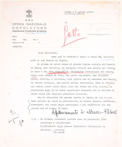 Filiberto Gigli, Lettera sulla “Stagione Lirica Pontina” a Littoria (Littoria, 8 agosto XVII)
