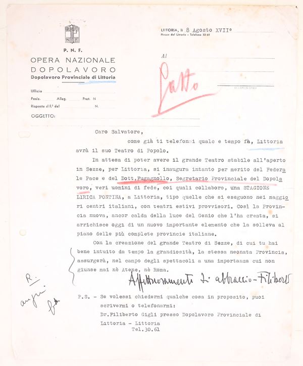 Lettera di Filiberto Gigli a Salvatore Gatto sulla stagione lirica pontina, XVII  - Asta Asta a Tempo - Il Secolo della Propaganda: manifesti, volantini, documenti politici ed ephemera d'archivio - Casa d'Aste Arcadia