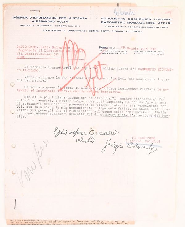 Lettera firmata di Giorgio Colombo a Salvatore Gatto con allegato “Barometro Economico Italiano”, 1939-XVII  - Auction Time Auction - The Age of Propaganda: Posters, Flyers, Political Documents, and Archival Ephemera - Casa d'Aste Arcadia