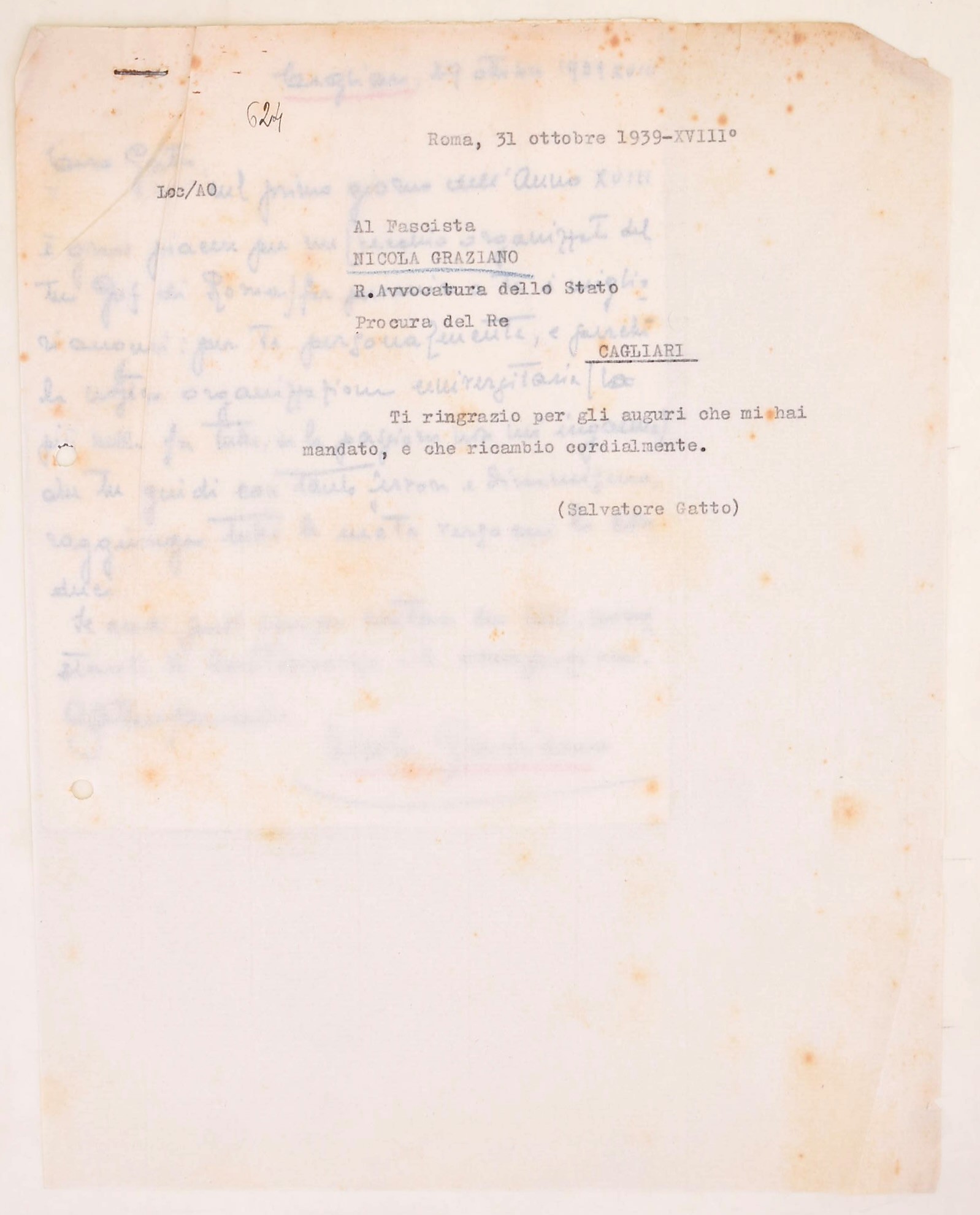 Salvatore Gatto e Nicola Graziano, Corrispondenza epistolare Roma–Cagliari (1939, XVIII-XIX secol...
