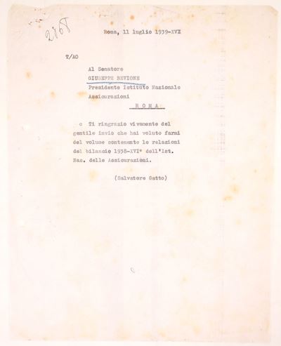 Salvatore Gatto, Lettera dattiloscritta al senatore Giuseppe Bevione (Roma, 11 luglio 1939-XVII)