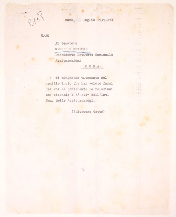 Lettera dattiloscritta di Salvatore Gatto al senatore Giuseppe Bevione, 1939-XVII  - Asta Asta a Tempo - Il Secolo della Propaganda: manifesti, volantini, documenti politici ed ephemera d'archivio - Casa d'Aste Arcadia