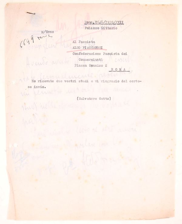 Corrispondenza tra Salvatore Gatto e Aldo Fiaccatori, 1939-XVII