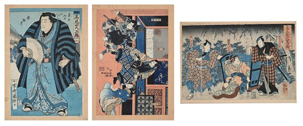 Tre xilografie a colori su carta, Giappone, periodo Edo, seconda metà del XIX secolo
