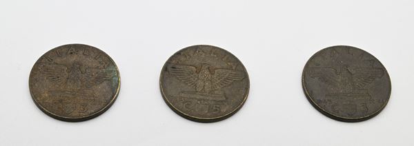 Lotto 3 monete da 5 centesimi 1943 Aquila Vittorio Emanuele III Regno d'Italia