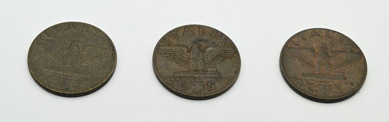 Regno d'Italia, Lotto di tre monete da 5 centesimi 1943 con Aquila e Vittorio Emanuele III