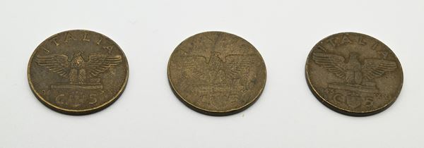 Lotto 3 monete da 5 centesimi 1943 Aquila Vittorio Emanuele III Regno d'Italia
