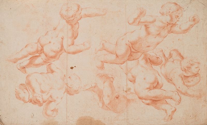 Scuola Romana del XVII/XVIII Secolo - Studio con sei putti in volo e quattro putti (recto/verso)