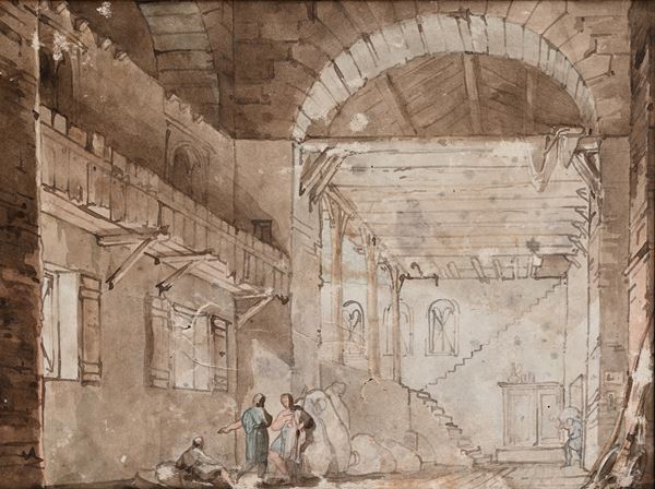 Scuola neoclassica - Studio di interno con figure classiche