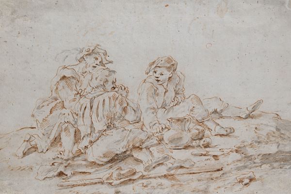 Scuola olandese del XVIII secolo - Studio di tre viandanti in sosta