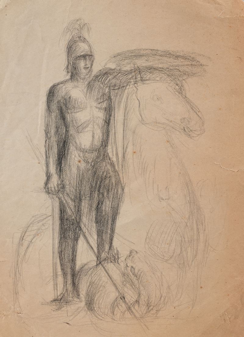 Scuola Neoclassica - San Giorgio e il Drago, carboncino su carta