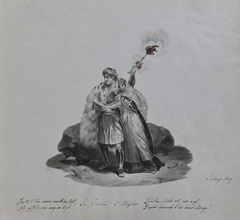 Scuola Italiana del XIX Secolo - La sposa di Abido (china e inchiostro acquerellato su carta), 18...