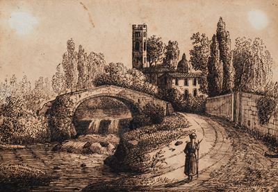 Paesaggio lacustre con viandante