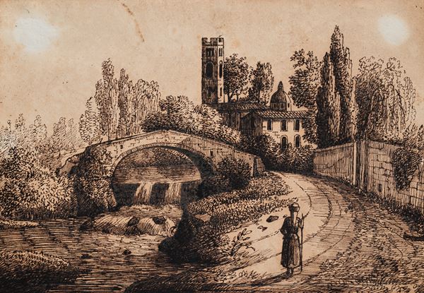 Scuola olandese del XVIII secolo : Paesaggio lacustre con viandante  - China su carta - Auction Works on Paper - from the 16th to the 19th century - Casa d'Aste Arcadia