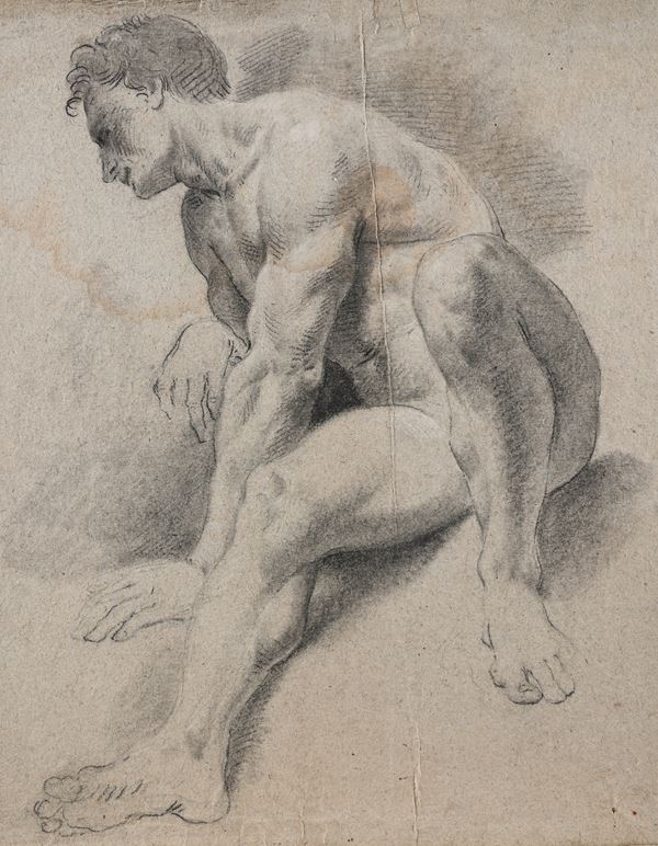 Scuola veneta del XVIII secolo : Studio di Nudo maschile seduto  - Pietra nera e carboncino su carta azzurra - Auction Works on Paper - from the 16th to the 19th century - Casa d'Aste Arcadia