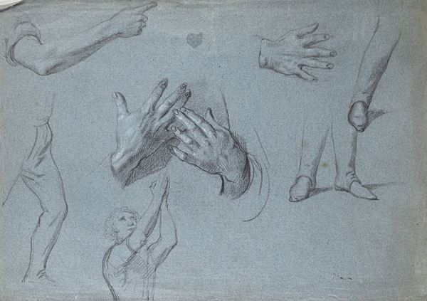 Recto: Studi anatomici di braccia e gambe e figura orante - Verso: Studi di volti e figure ponderante