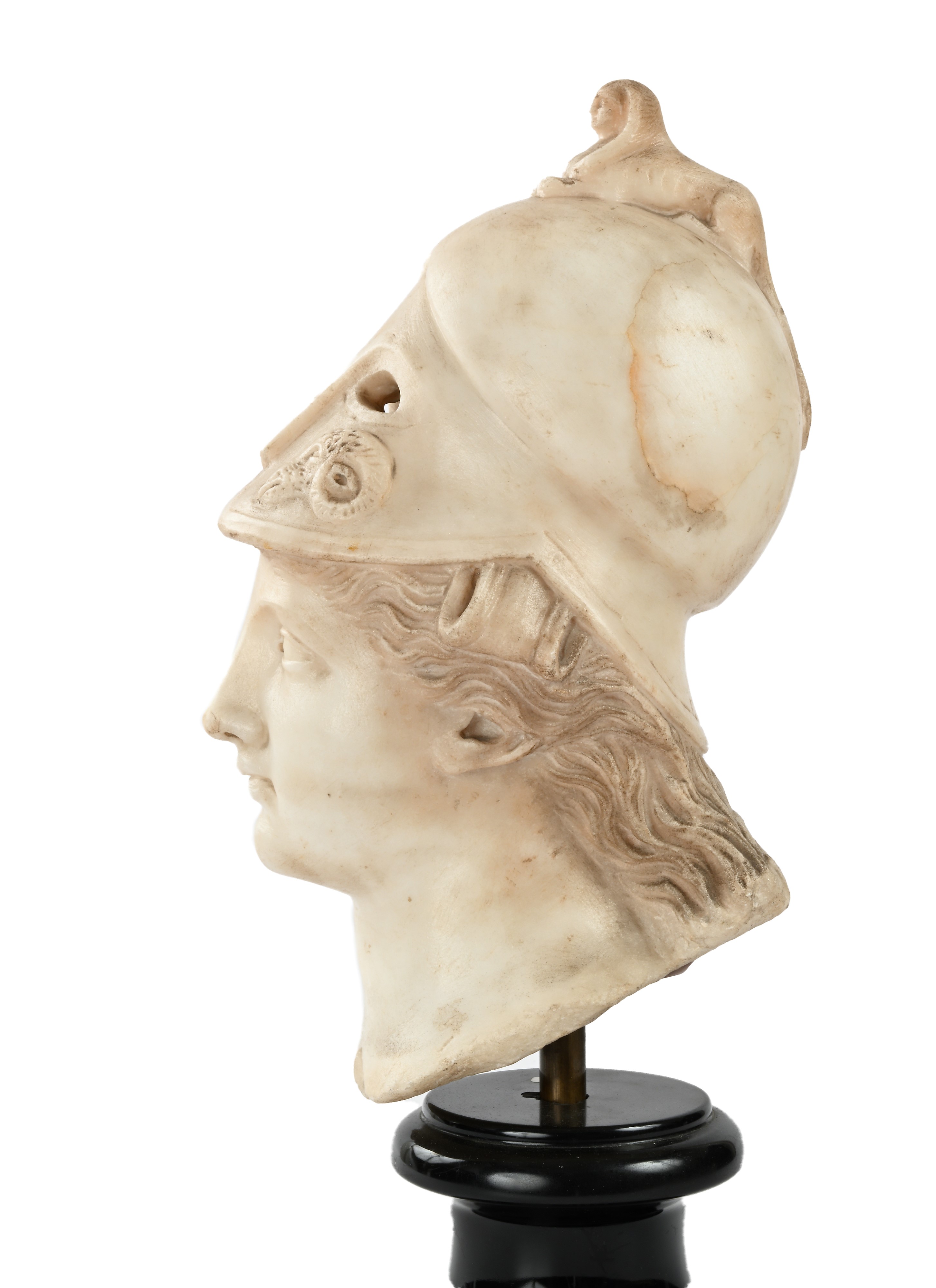 Minerva, Testa in marmo bianco su piedistallo a rocchetto, XIX secolo