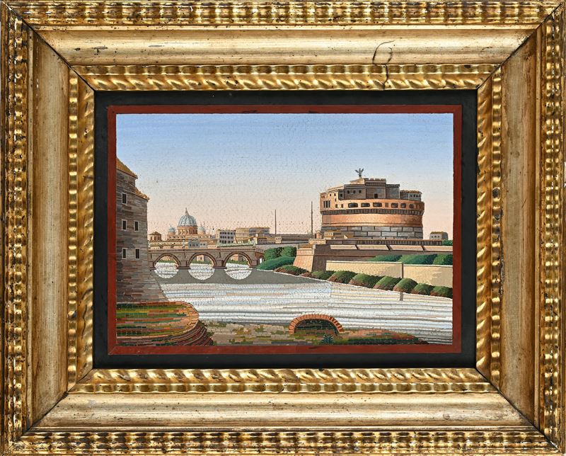 Roma, Placca in mosaico minuto con veduta del Tevere e Castel Sant’Angelo, XIX secolo