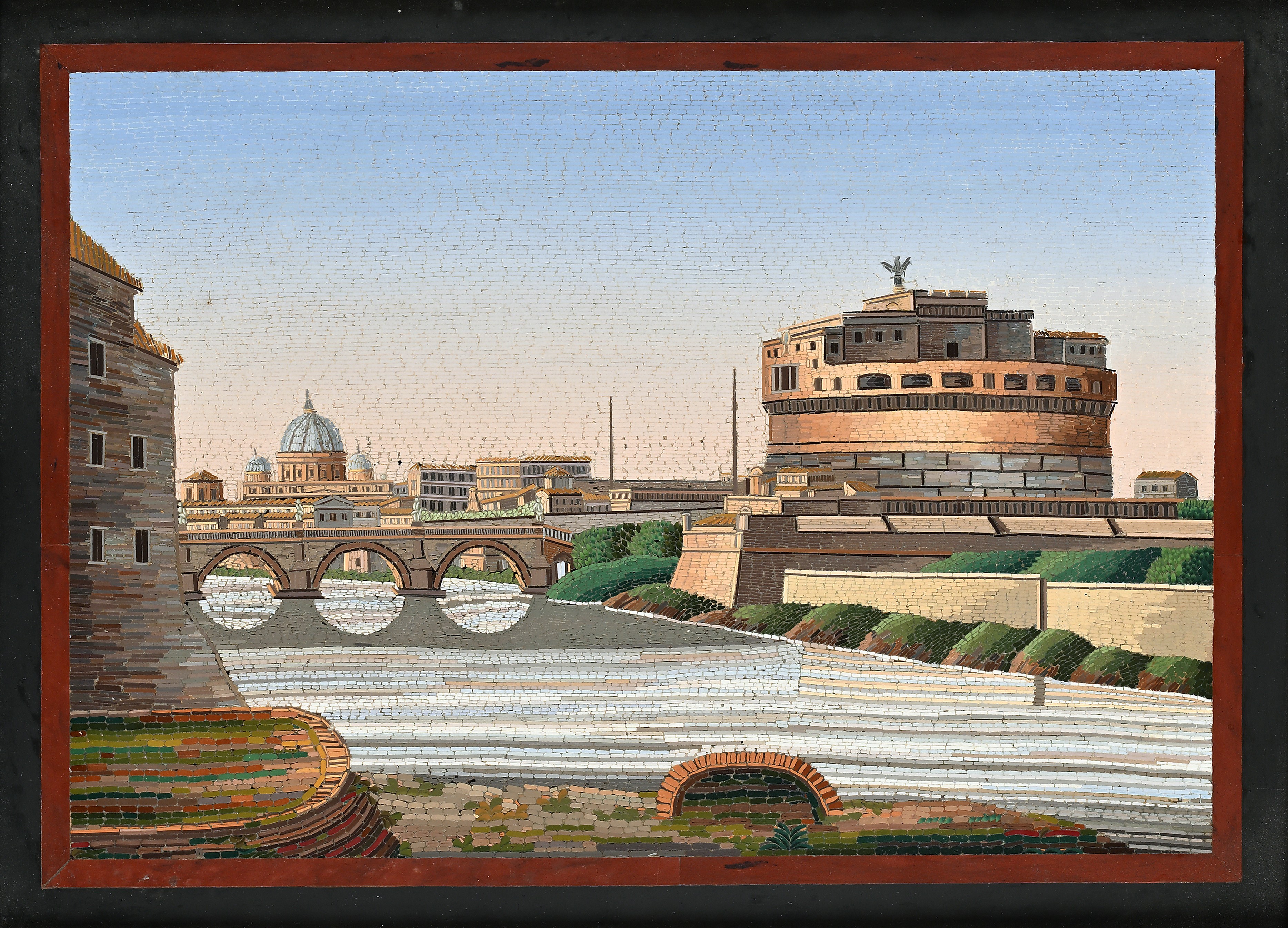 Roma, Placca in mosaico minuto con veduta del Tevere e Castel Sant’Angelo, XIX secolo